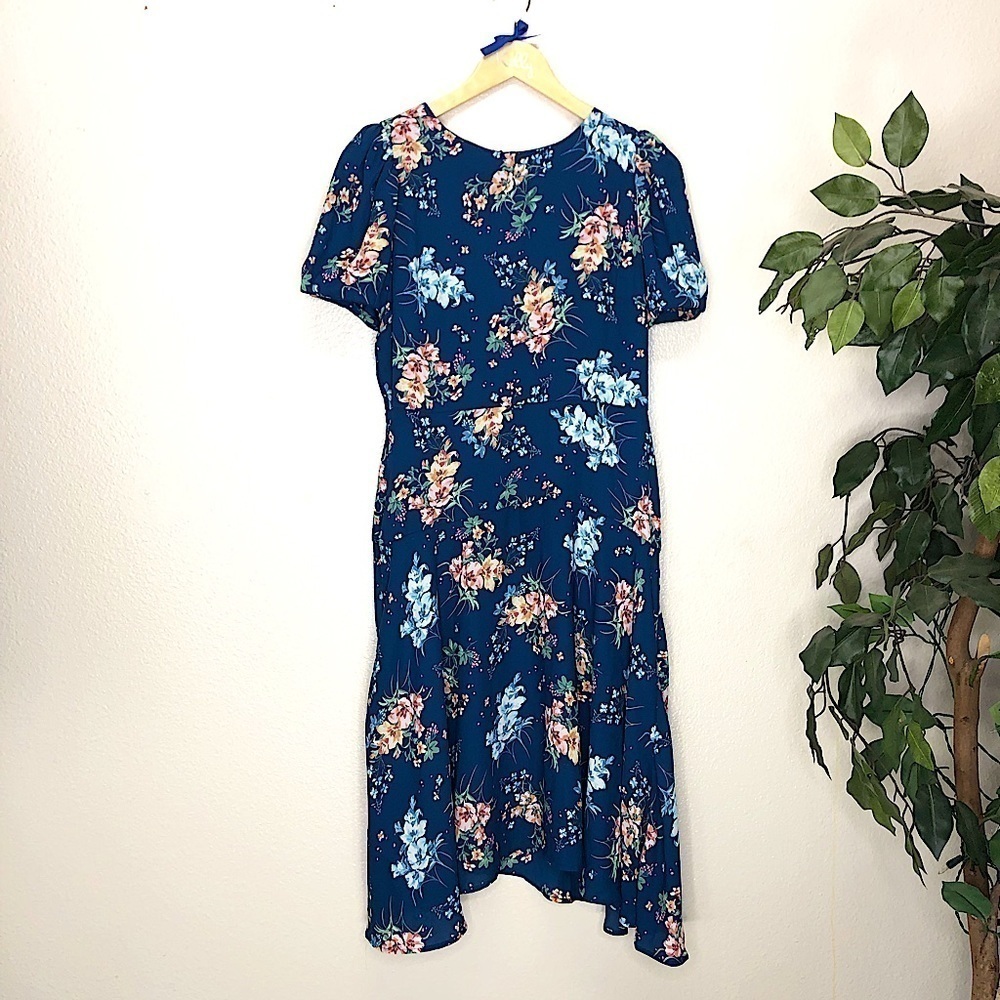 Loft Blue Floral Dress W Puffy Sleeves